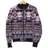 Men's bomber jacket hanging, multicolor geometric tribal print, black ribbed cuffs