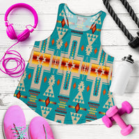Folded turquoise racerback tank with multicolor Native-style geometric pattern