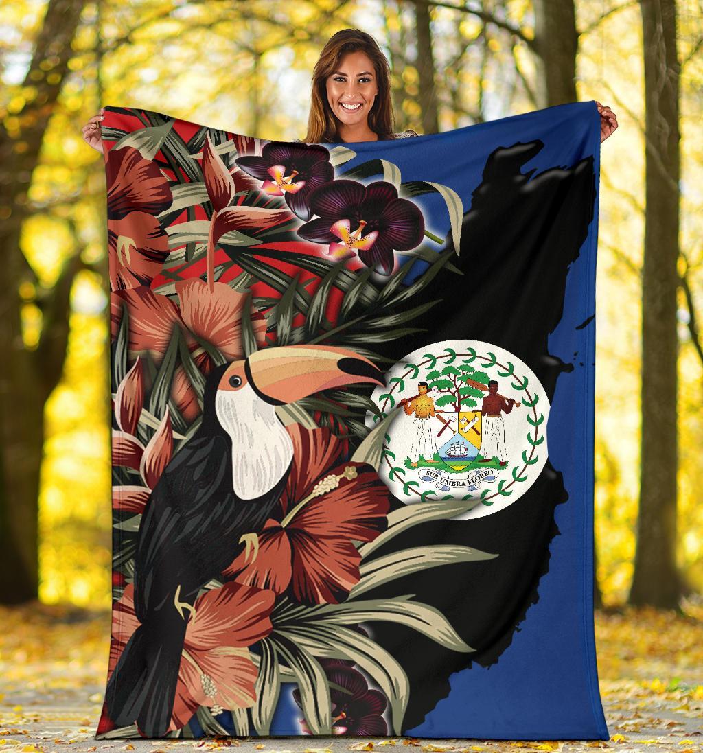 Belize Premium Blanket spread wide: tropical toucan and orchids with Belize coat of arms on oval