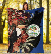 Belize Premium Blanket spread wide: tropical toucan and orchids with Belize coat of arms on oval