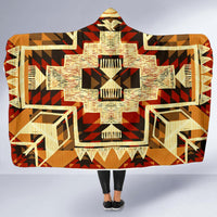 Hooded Native American symbol blanket with yellow, red, black geometric pattern, front view