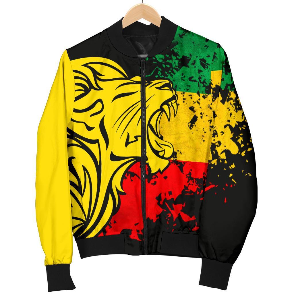 Men's bomber jacket, reggae lion print with yellow, green, red panels and black trim