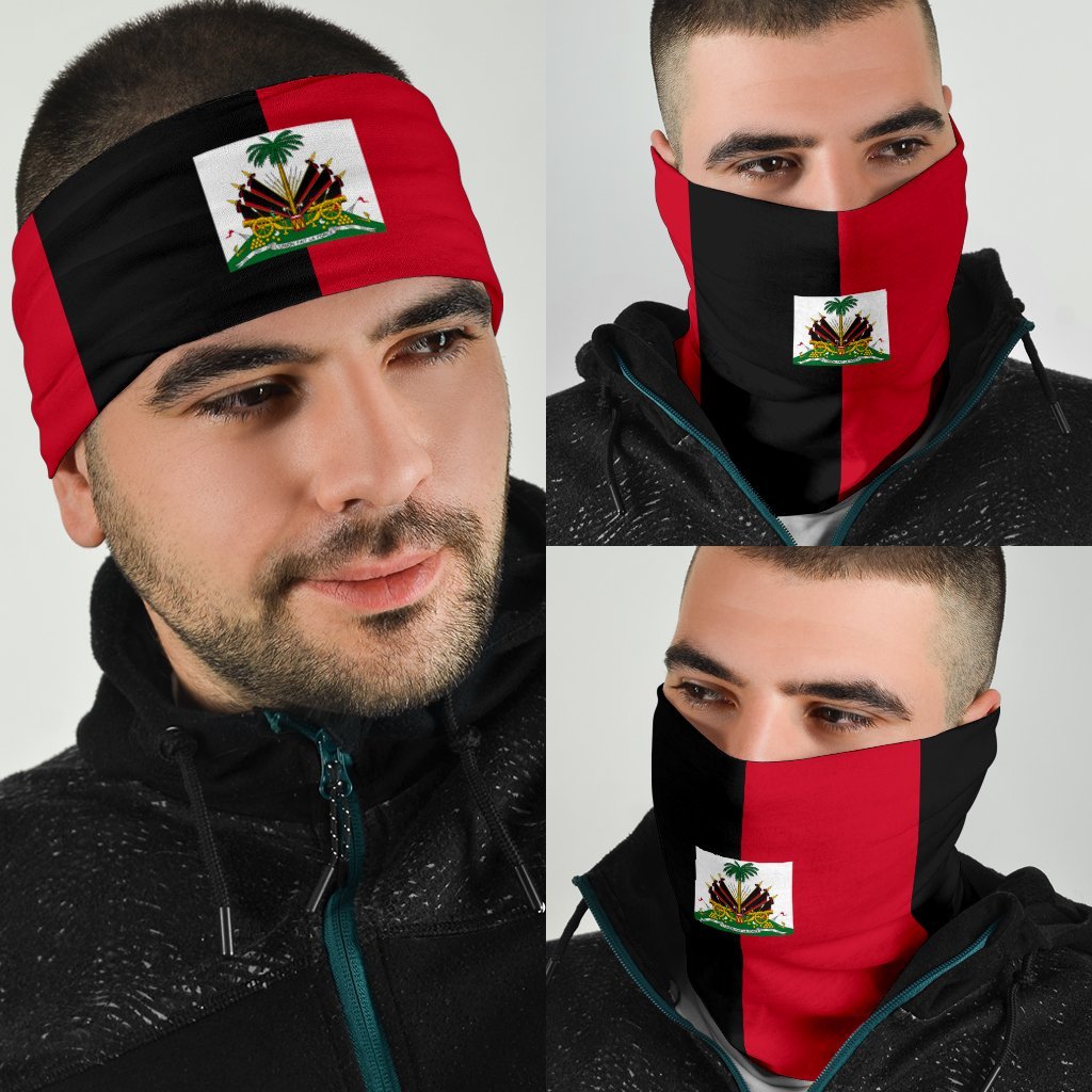 Haiti flag neck gaiter with crest patch, black and red striped design