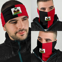 Haiti flag neck gaiter with crest patch, black and red striped design