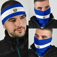 El Salvador neck gaiter bandana with blue and white stripes and crest emblem, worn by two