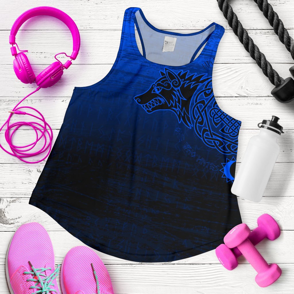 Blue racerback tank with wolf graphic, scoop neck and rounded hem