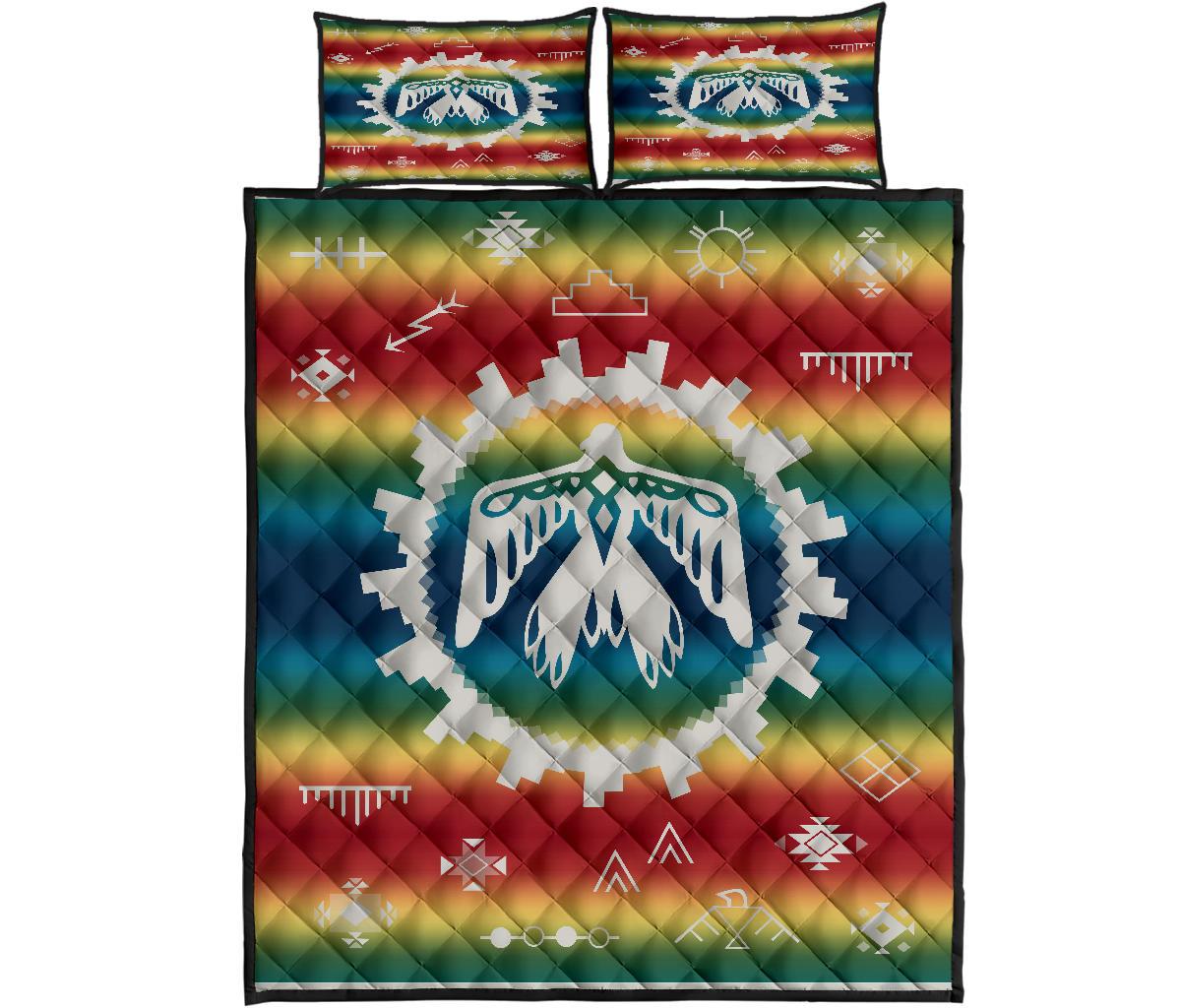 Rainbow Native-style quilt and pillow set, large eagle design with geometric icons