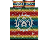 Rainbow Native-style quilt and pillow set, large eagle design with geometric icons
