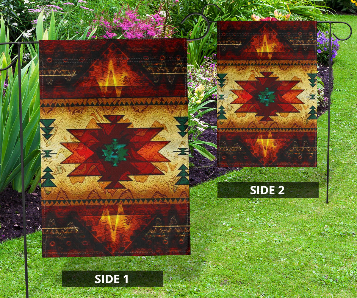 Multicolor tribal flag decor, Side 1 view with red-and-yellow star motif