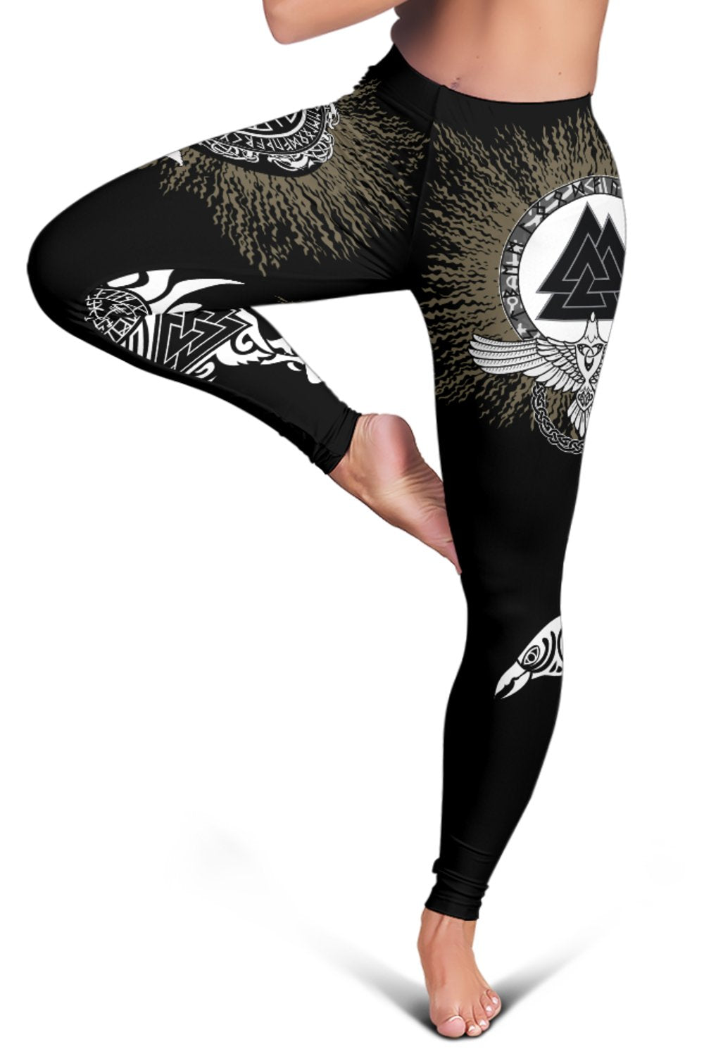 Black women’s leggings with diagonal wing and rune prints on calf and thigh
