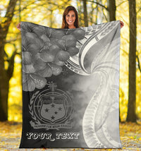 Black and gray premium blanket with crest emblem, sail motif, and 'YOUR TEXT' text