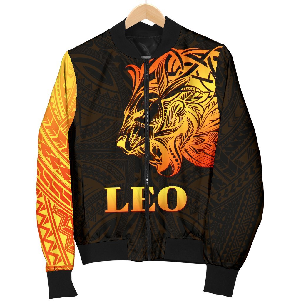 Front view orange and black bomber jacket with Leo emblem, zip closure, and ribbed collar.