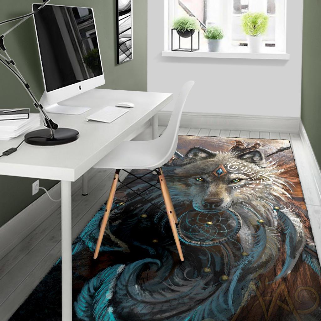 Wolf portrait area rug with teal waves, bronze background, and dreamcatcher ring