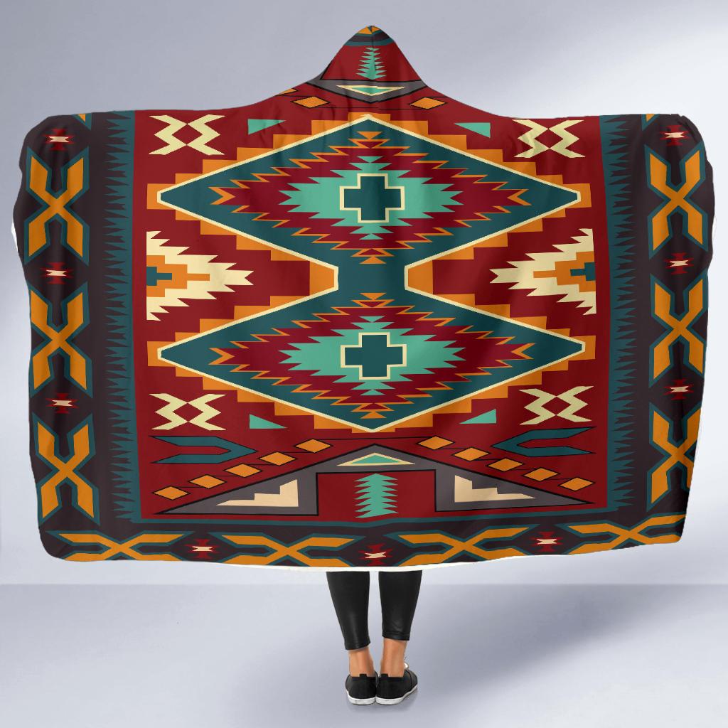 Red multicolor geometric hooded blanket with central cross motif and diamond patterns