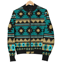 Teal Aztec-style geometric bomber jacket on hanger, black ribbed hem and full zipper