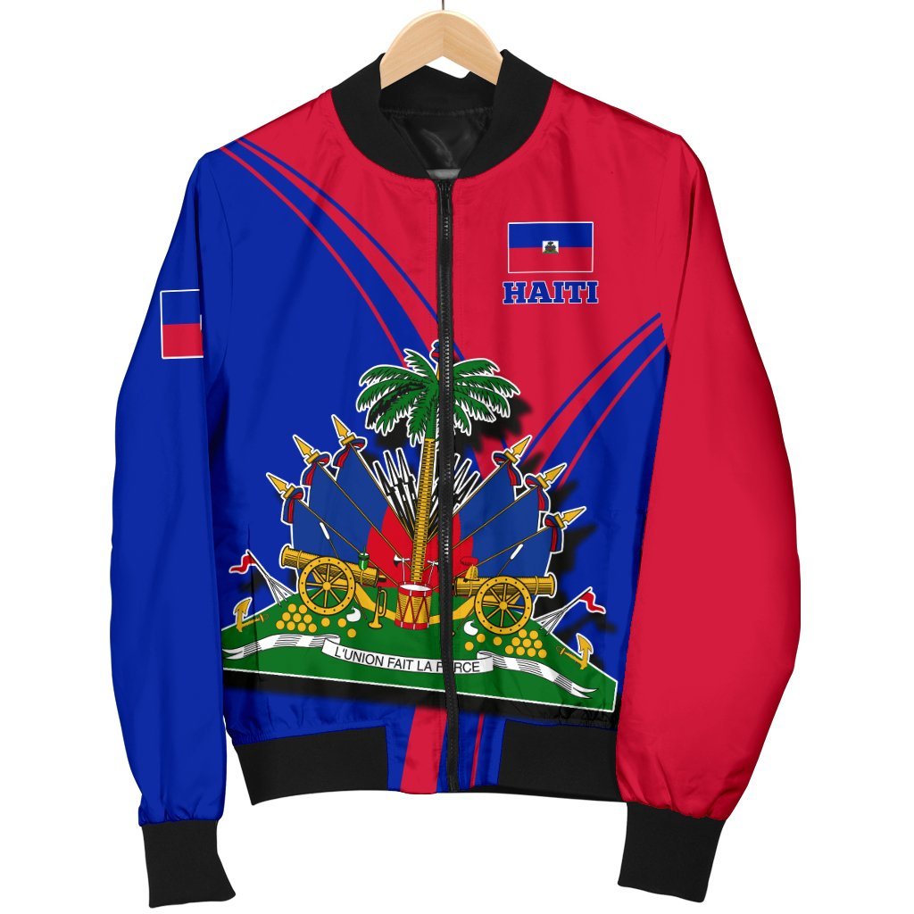 Haiti-themed bomber jacket on hanger, red and blue with zip front and crest graphic