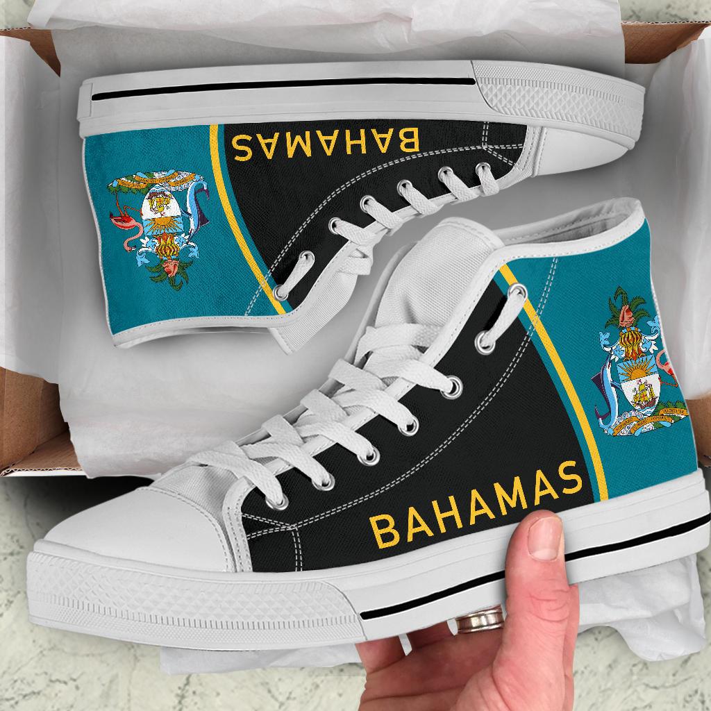 Bahamas High-Top Canvas Shoes, white sole, turquoise side panel and yellow "BAHAMAS"