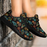 Black lace-up sport sneakers with multicolor dreamcatcher circular feather pattern