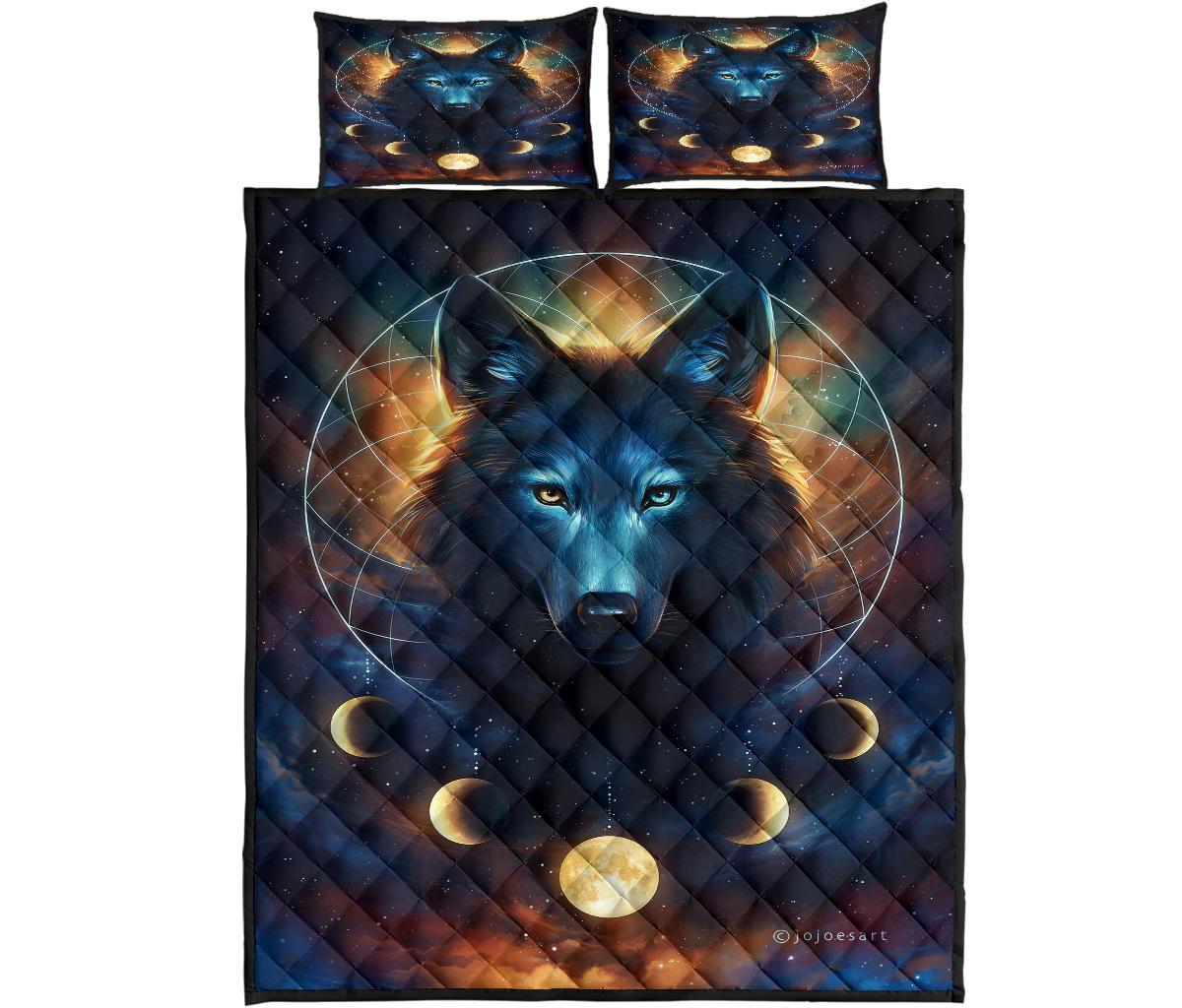 Front view wolf quilt set with celestial rings, navy blue and gold multicolor design