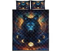 Front view wolf quilt set with celestial rings, navy blue and gold multicolor design
