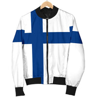 Hanging Finnish flag bomber jacket on hanger: blue-and-white cross, black collar and cuffs