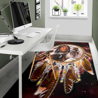 Area rug design featuring dreamcatcher ring, chief portrait, and wolf-like animal