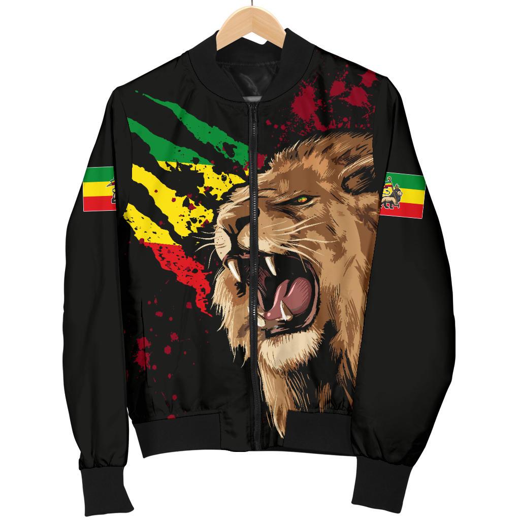 Black bomber jacket on hanger with roaring lion face print and Ethiopian flag color blocks