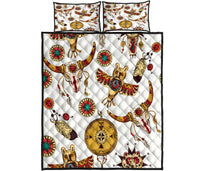 Quilt bed set with multicolor native-style icons, includes two matching pillows