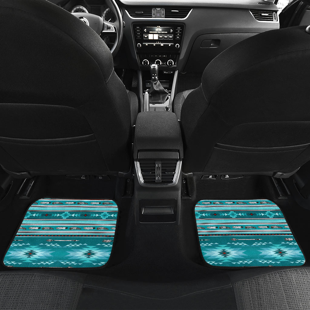 Two teal Native-style car floor mats in back row, striped aztec design with red/white accents
