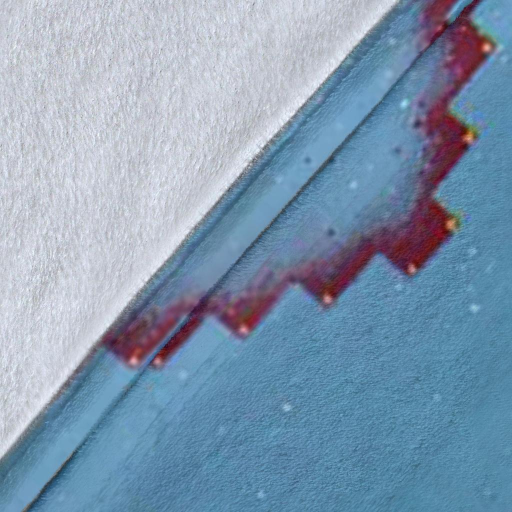 Light blue fabric texture with red-and-black geometric stripe; white backing visible at edge