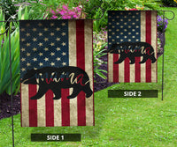 Two-sided garden flag: Side 1 star-and-stripe with bear and 'mama' text