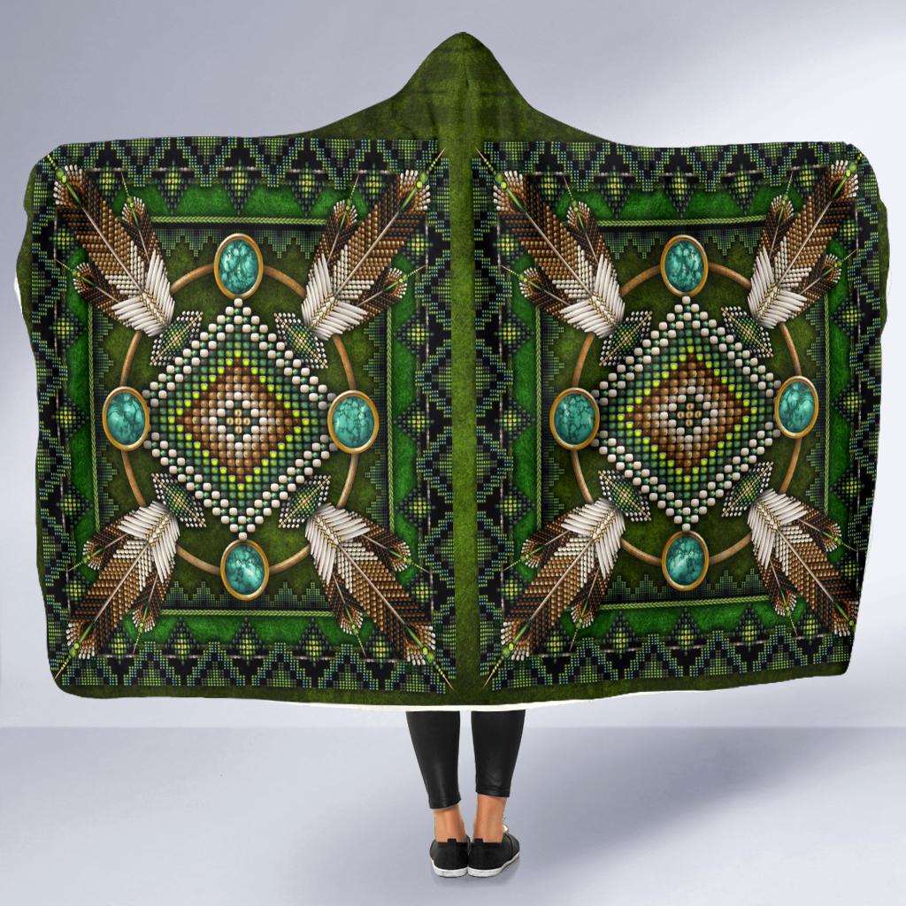 Green Native mandala hooded blanket with turquoise medallions and feather-like accents