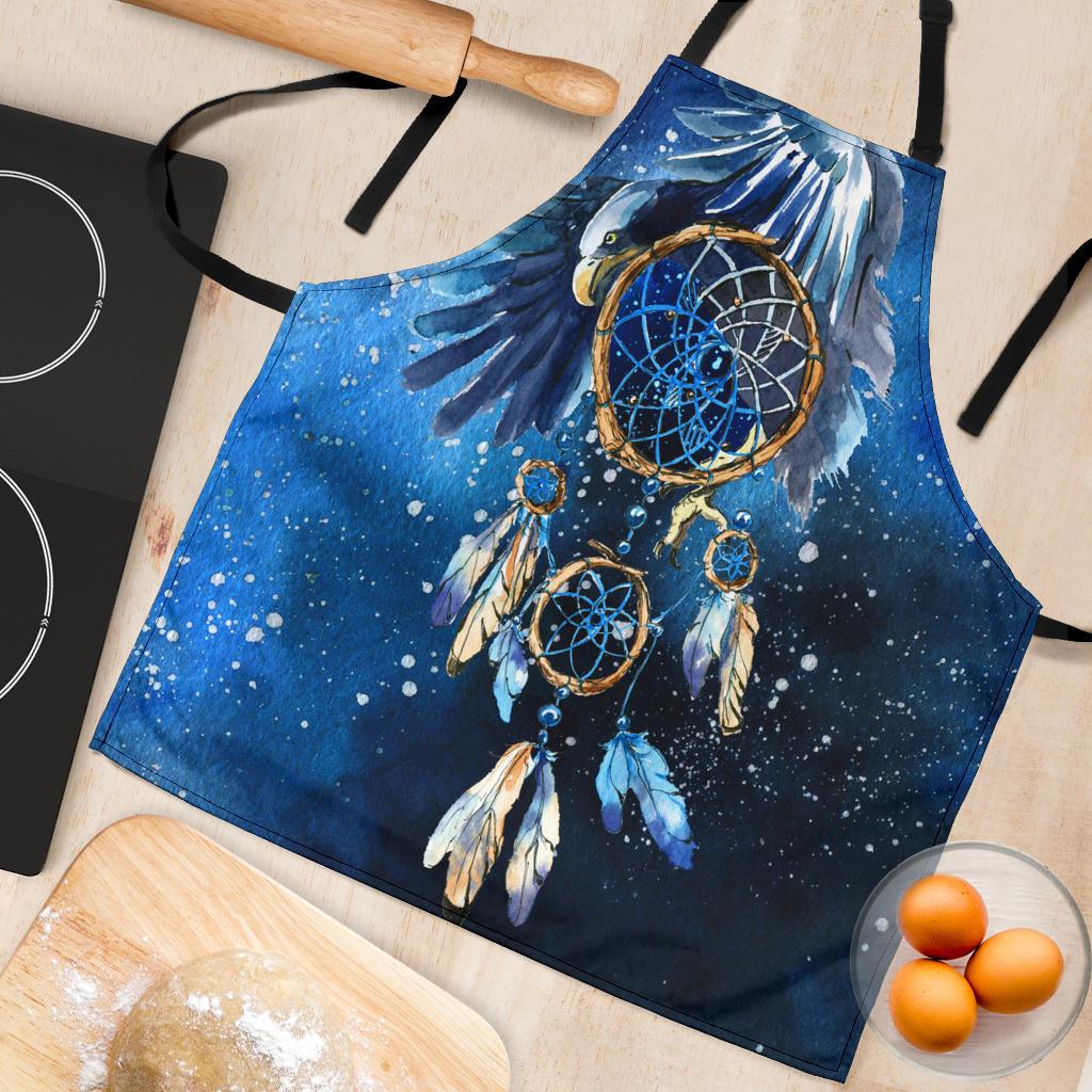 Blue galaxy dreamcatcher apron close-up with dreamcatcher rings and feather accents