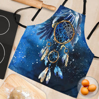 Blue galaxy dreamcatcher apron close-up with dreamcatcher rings and feather accents