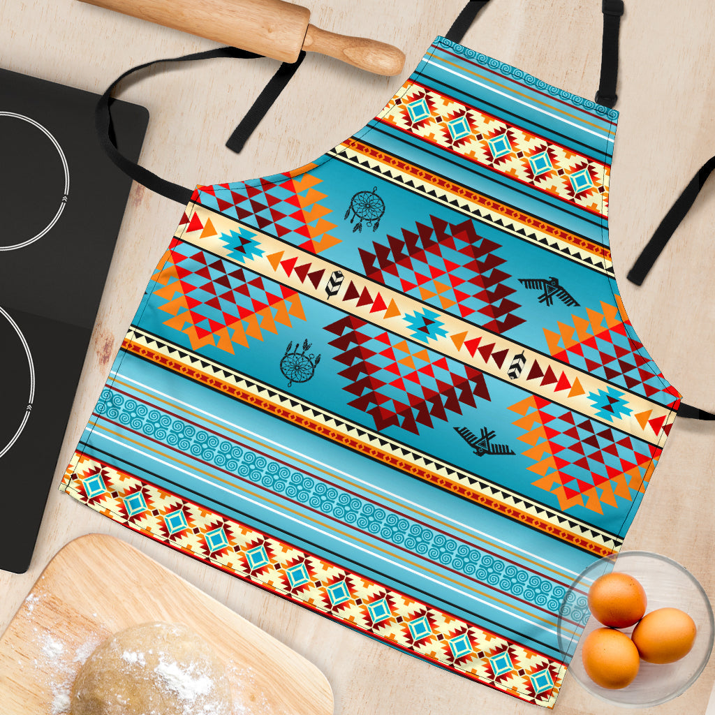 Flat lay Blue Thunderbird apron with multicolor Native American geometric designs and borders.