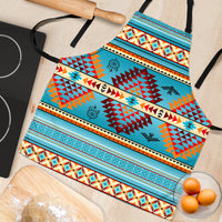 Flat lay Blue Thunderbird apron with multicolor Native American geometric designs and borders.