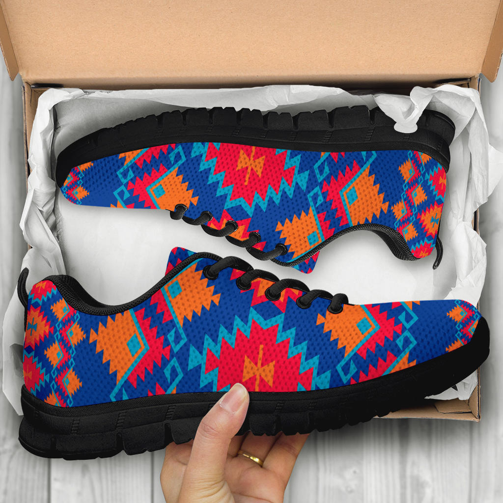 Multicolor geometric sneakers in a box, lace-up style with black tread sole.