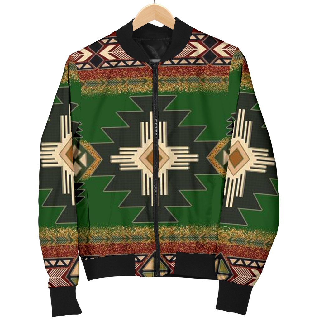 Green bomber jacket on hanger with Native geometric pattern, front zipper, ribbed cuffs