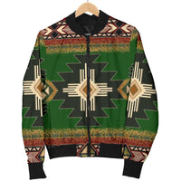 Green bomber jacket on hanger with Native geometric pattern, front zipper, ribbed cuffs