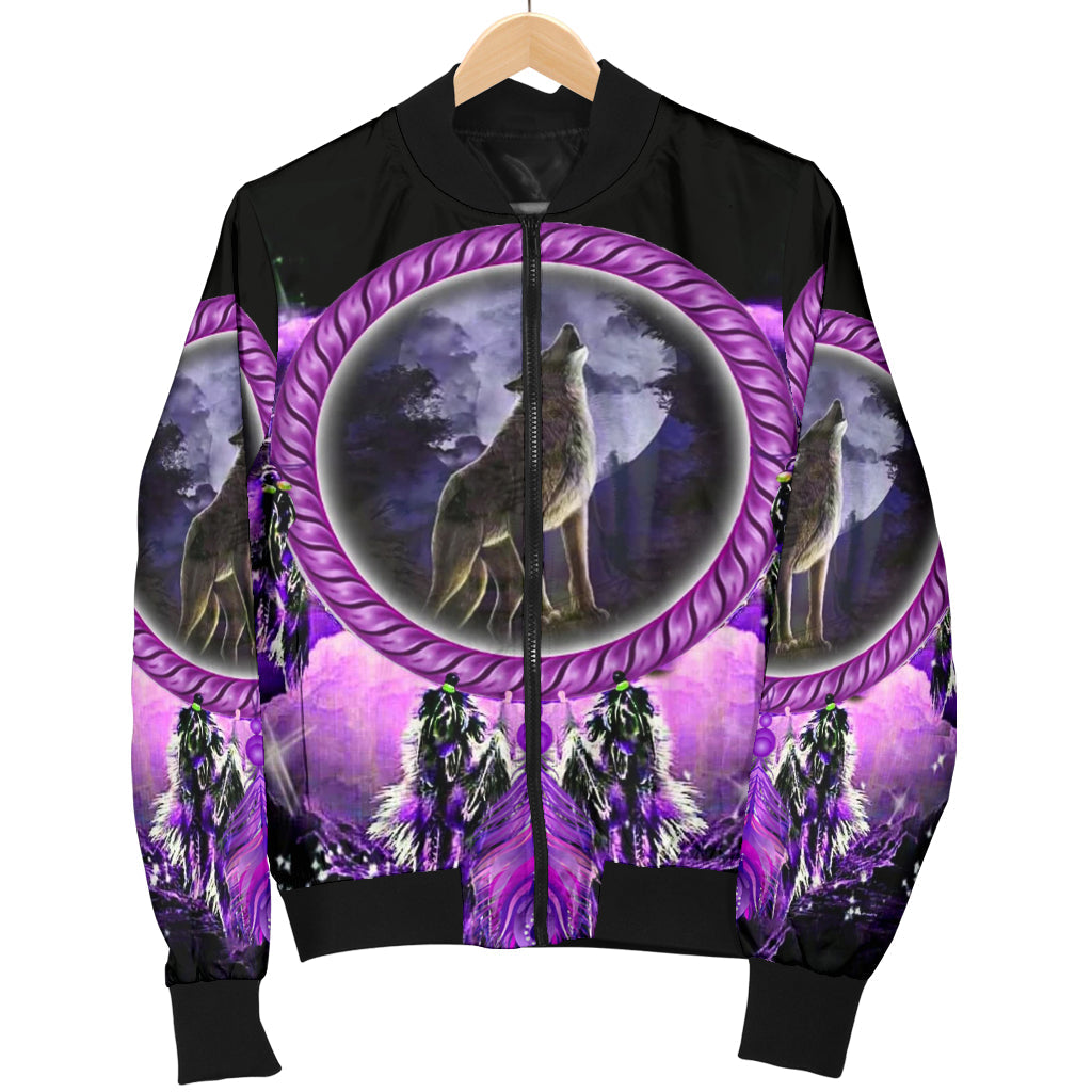 Women’s bomber jacket on hanger, purple wolf dreamcatcher print on front, black trim