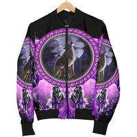 Women’s bomber jacket on hanger, purple wolf dreamcatcher print on front, black trim