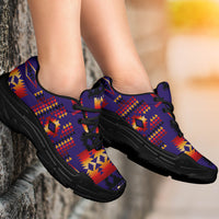 Purple multicolor patterned chunky sneakers, close side view, black laces and outsole