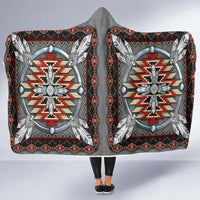 Hooded blanket with Native-inspired circular medallion print, red white and black on gray