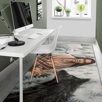 Area rug runner with woman's portrait and black wolf, light blue-gray design
