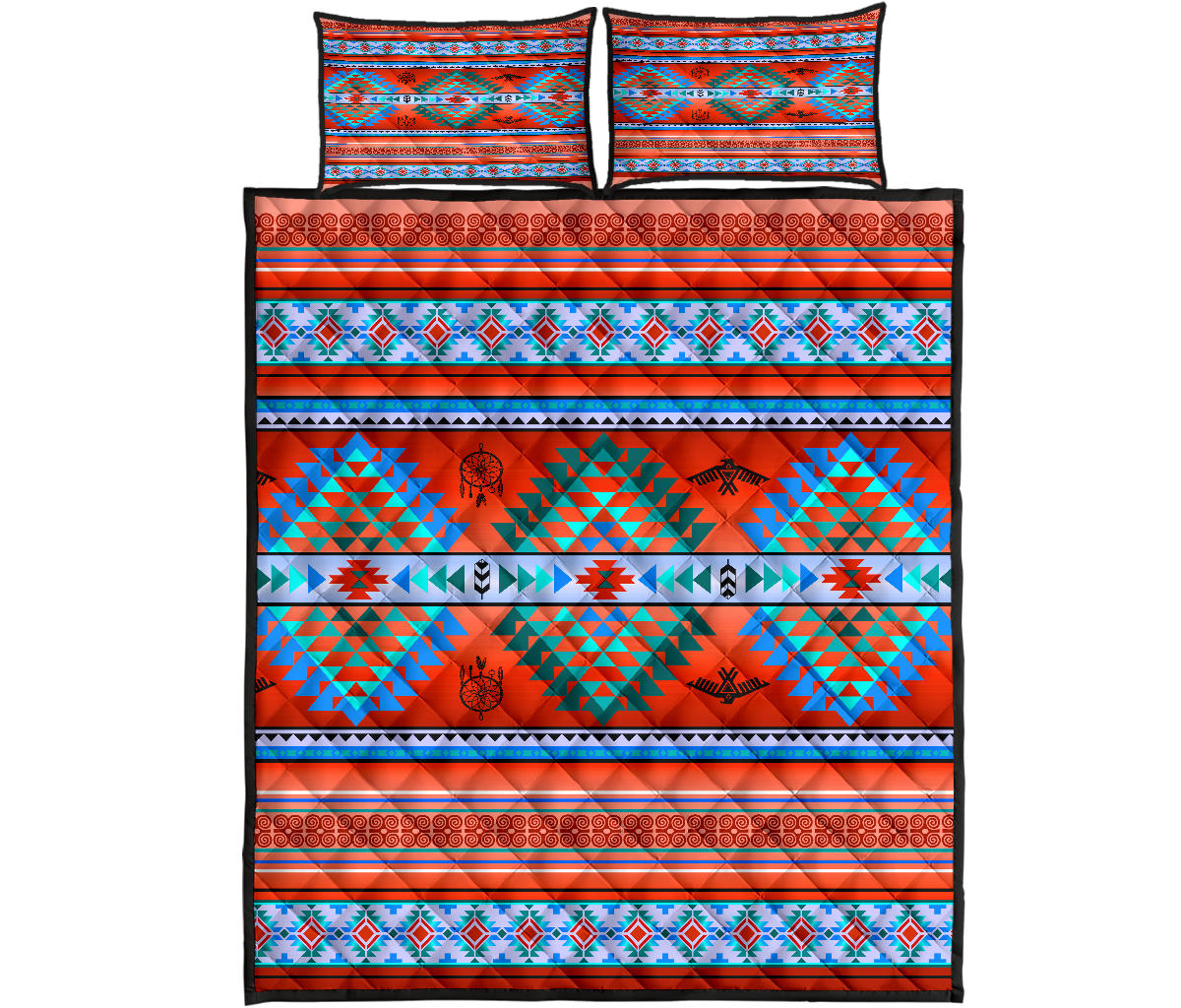 Red, turquoise, and blue quilt set with geometric bands and two matching pillow shams