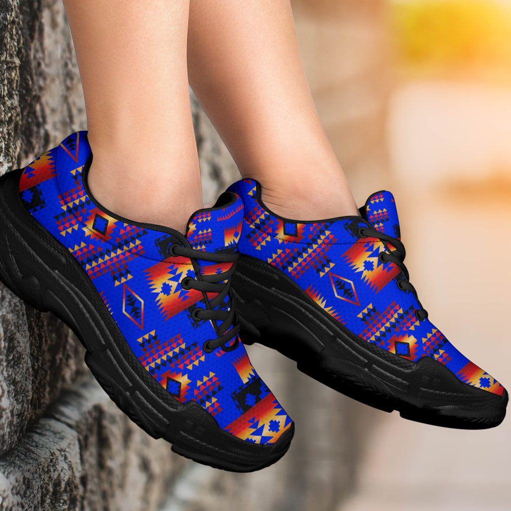 Dark blue chunky sneakers, multicolor Native American pattern, black laces and sole