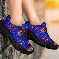 Dark blue chunky sneakers, multicolor Native American pattern, black laces and sole