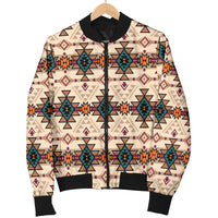 Bomber jacket on hanger, cream base with colorful tribal geometric print and black cuffs