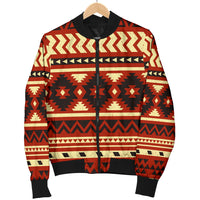 Women’s bomber jacket on hanger, red and black Aztec-style geometric pattern zip-front
