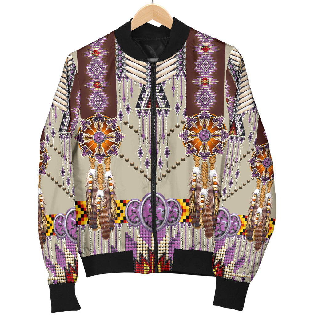 Men's bomber jacket full front with purple geometric beadwork, black collar, ribbed cuffs